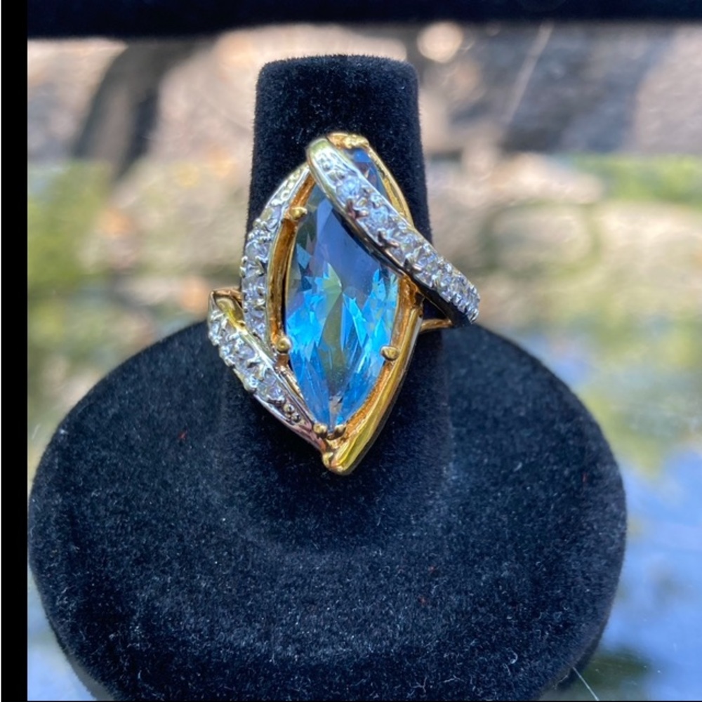 EDCO Blue Faceted Glass Cubic Zirconia Gold 14KT HGE Ring sz 7.25 NEW!